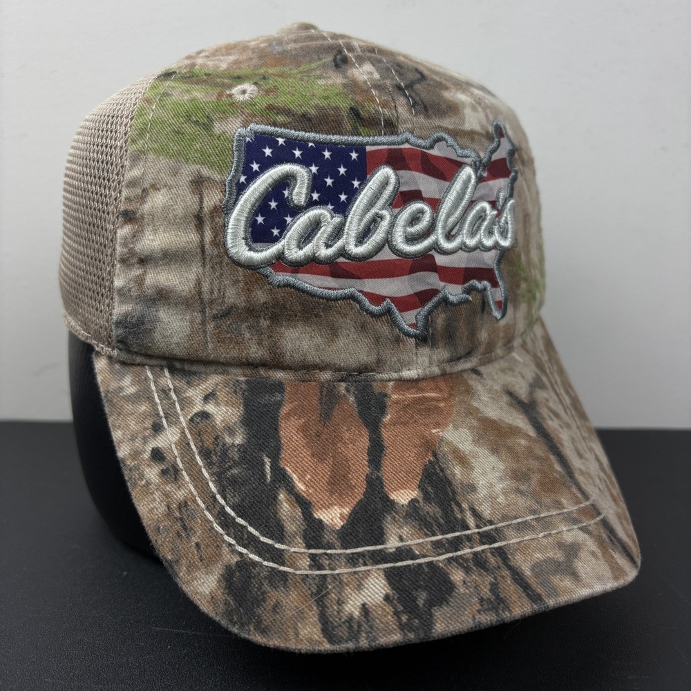 Cabela's Trucker Hat Camo USA Flag Map Embroidered Patch Snapback Cap OSFM